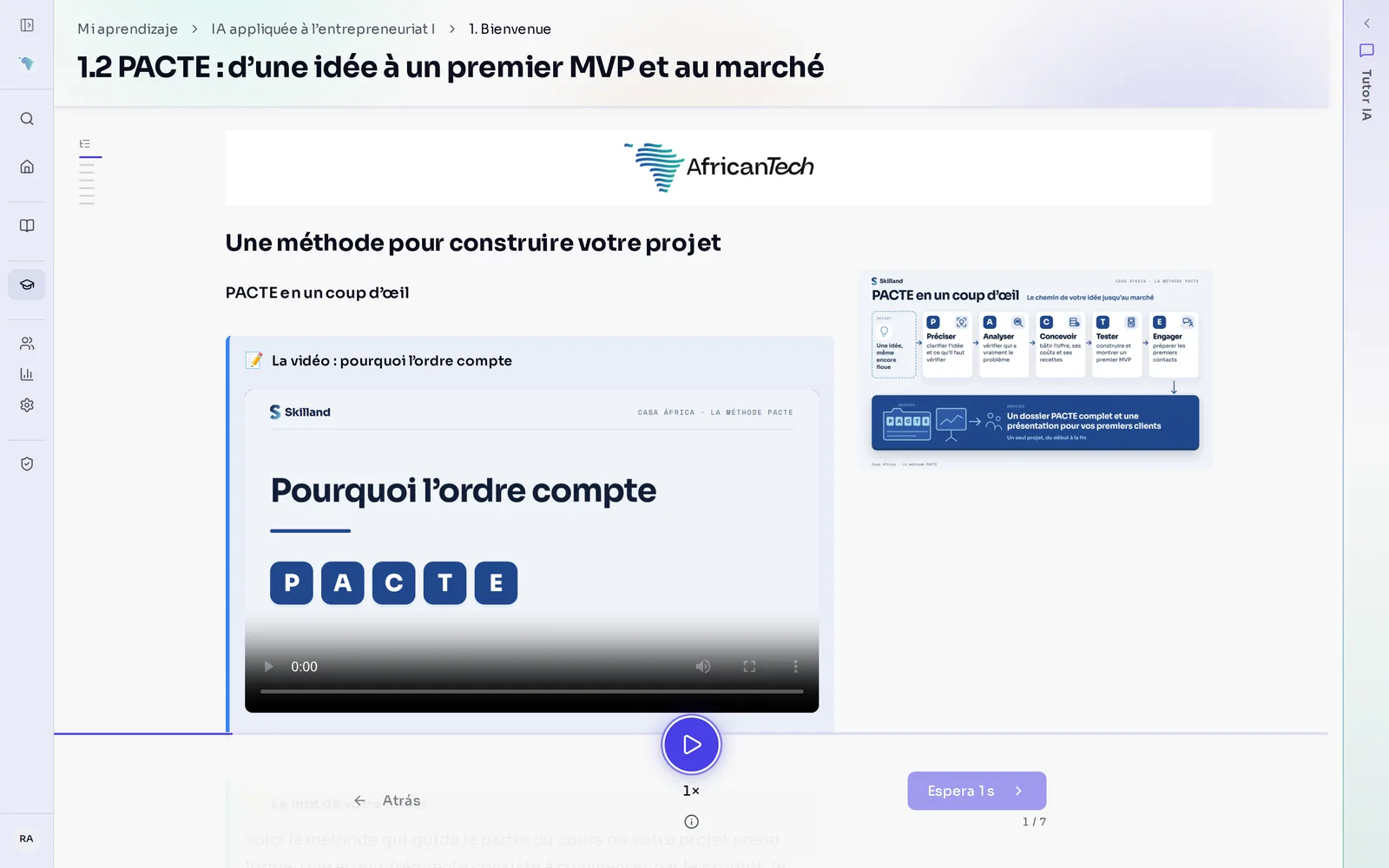 Lección en francés del campus de AfricanTech, con la cabecera del proyecto y el tutor de IA