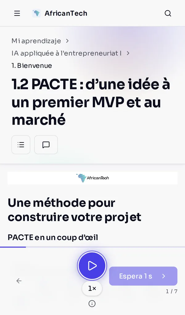 La misma lección en francés en el móvil, con la marca de AfricanTech