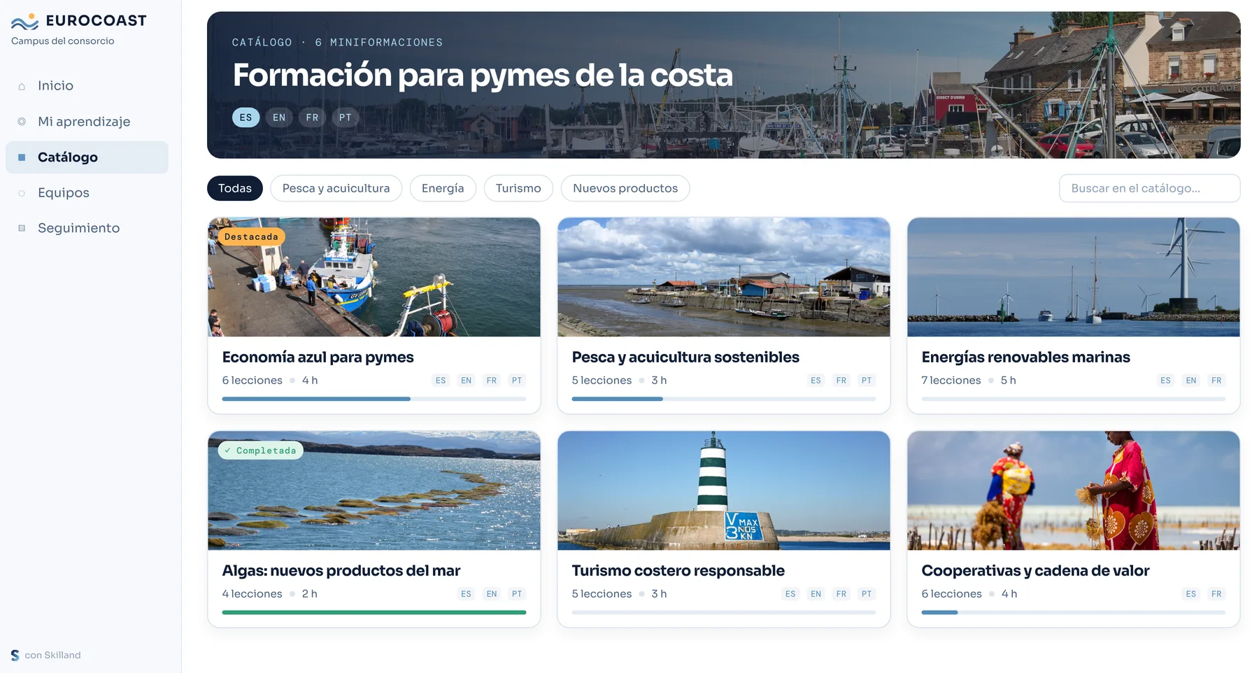 Interfaz ilustrativa: el campus de un consorcio con su marca y su catálogo de miniformaciones