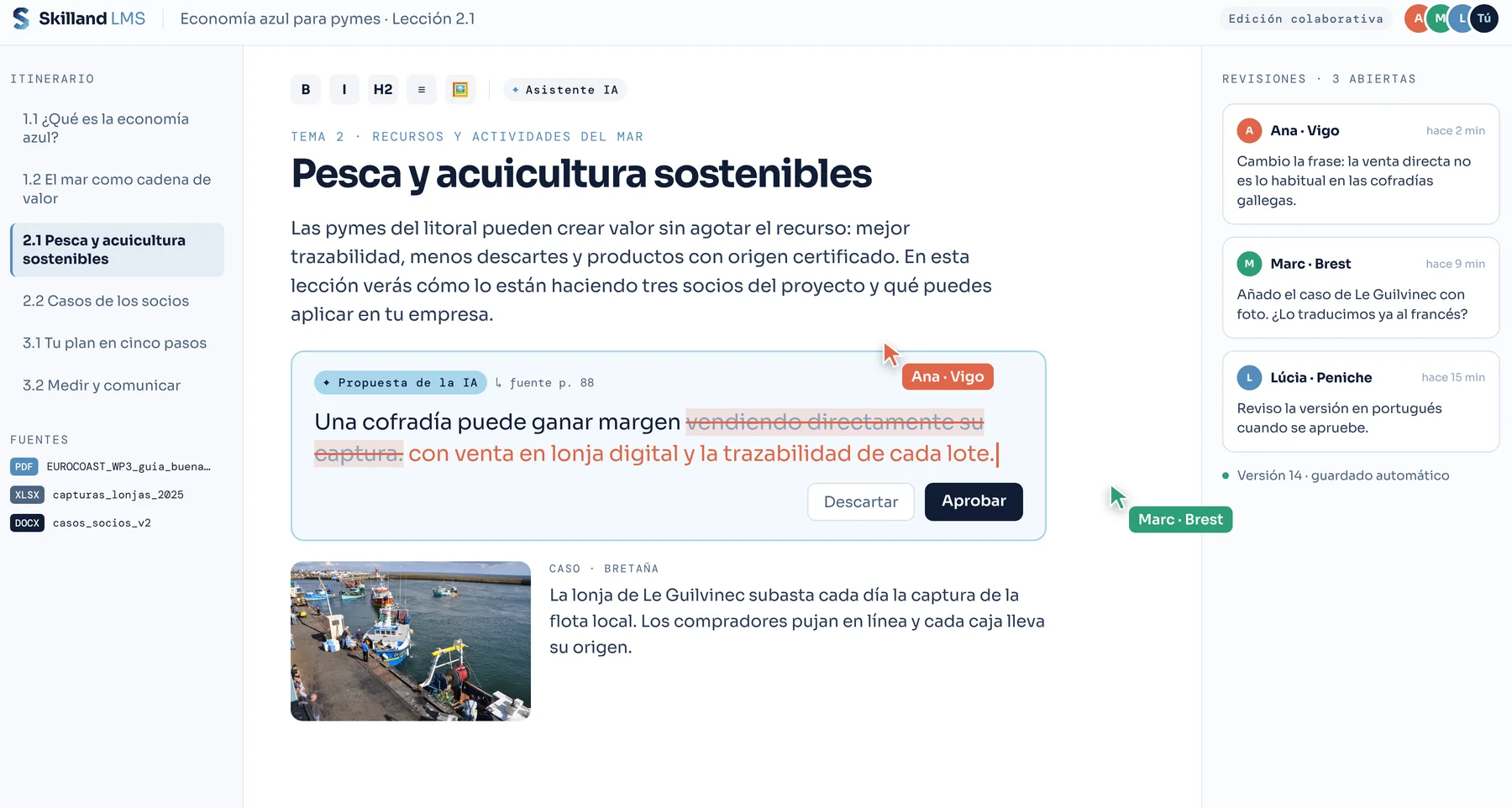 Interfaz ilustrativa: una lección en edición colaborativa; la IA propone un cambio y los expertos de dos socios lo revisan