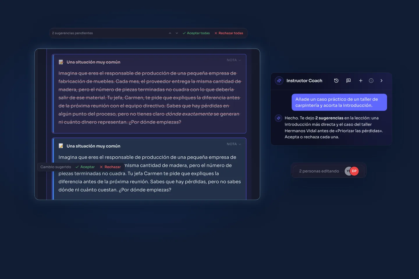 Dos sugerencias del coach de IA en una lección, con los botones Aceptar y Rechazar y dos personas editando