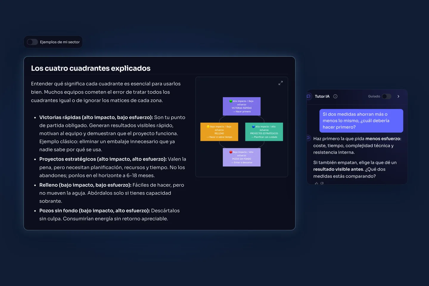 Una lección en el lector del alumno con un diagrama y el tutor de IA respondiendo a una pregunta
