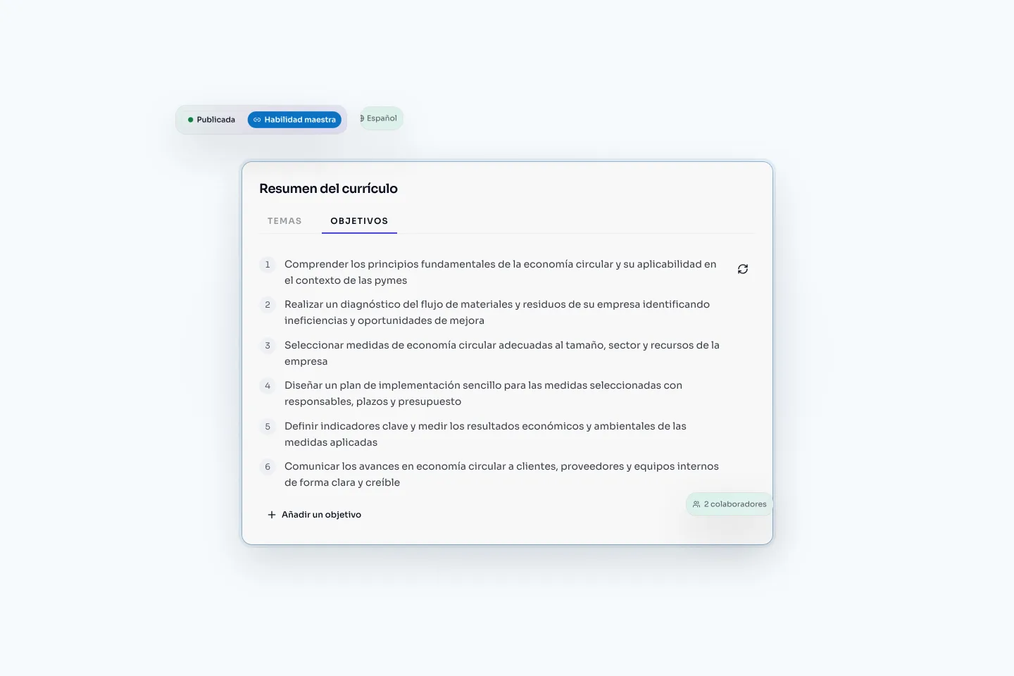 Los seis objetivos de aprendizaje de un curso, con la marca de habilidad maestra y dos colaboradores